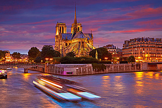 圣母大教堂,巴黎,日落,塞纳河,法国
