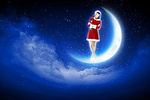 照片,圣诞老人,女孩,坐,月亮