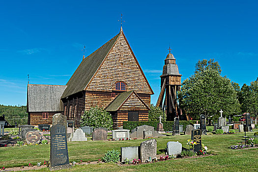 老,木质,教堂,钟楼,史马兰,瑞典,欧洲