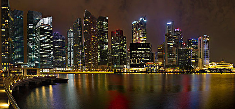 新加坡城,天际线,码头,夜晚,倒影