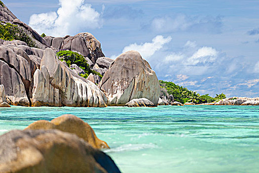 拉迪格岛,塞舌尔,梦幻爱情海滩,花冈岩,石头,清水,印度洋