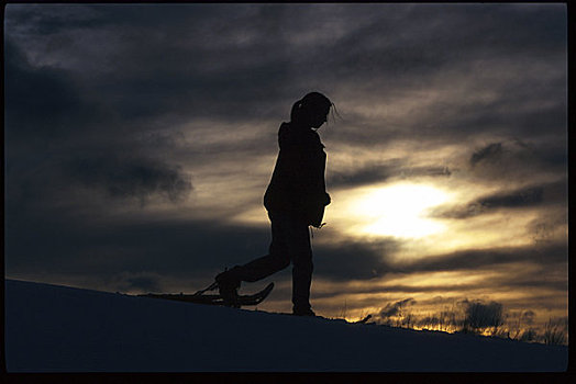 女人,雪鞋,日落,剪影,冬天,景色