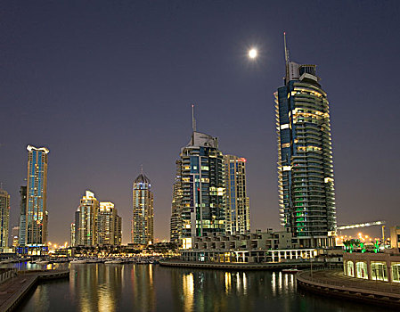 阿联酋,迪拜,码头,塔,反射,夜晚,满月