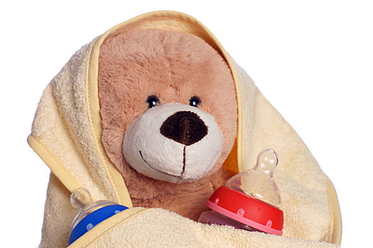 泰迪熊,裹着毛巾,喝,瓶子
