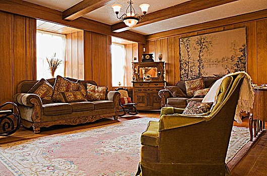 软垫,椅子,沙发,柜橱,客厅,老,住宅,木质,侧面,家,魁北克,加拿大