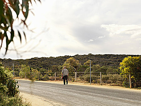后视图,男人,走,道路,国家公园,澳大利亚