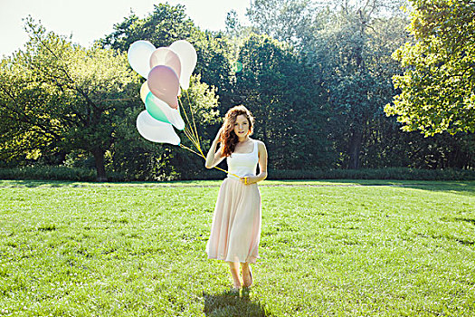 头像,害羞,美女,公园,拿着,束,气球