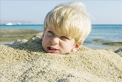 男孩,掩埋,沙子,愁容