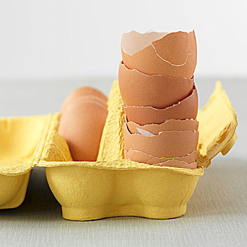 一堆,蛋壳,黄色,鸡蛋格