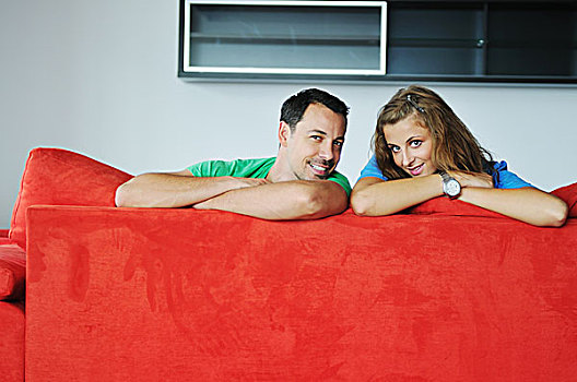 幸福伴侣,放松,红色,沙发,大,鲜明,新,公寓
