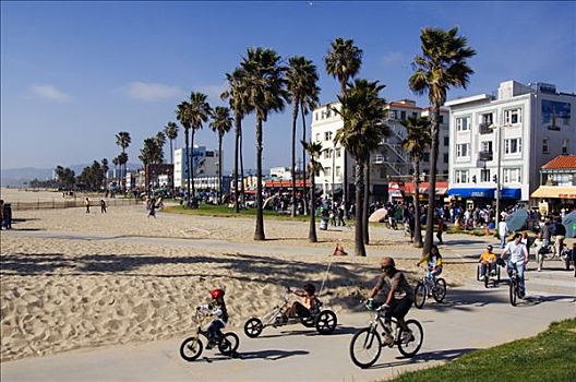 美国,加利福尼亚,洛杉矶,威尼斯海滩,人,骑自行车,自行车道