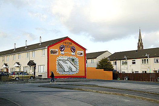 北爱尔兰,贝尔法斯特,分界线,走,政治,壁画,侧面,建筑