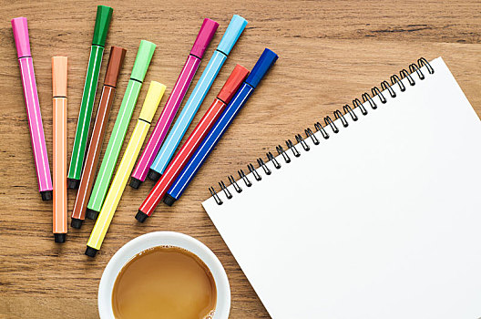 木质,书桌,桌子,笔记本,彩色,笔,咖啡杯,俯视,留白