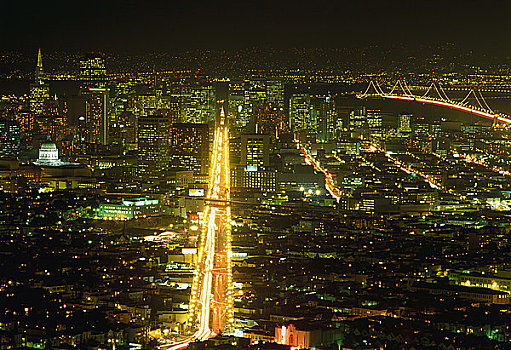 俯视,旧金山,夜晚,加利福尼亚,美国