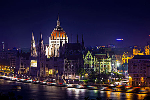 欧洲,匈牙利,布达佩斯,国会大厦,多瑙河,夜晚,画廊