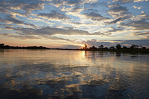 日落,上方,奥卡万戈河,河,纳米比亚