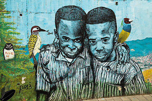 街头艺术,壁画,两个男孩,鸟,哥伦比亚,南美