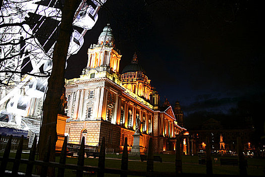 北爱尔兰,贝尔法斯特,外景,市政厅,轮子,光亮,夜晚
