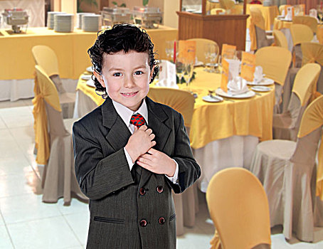 优雅,小男孩,握住,领带,餐馆