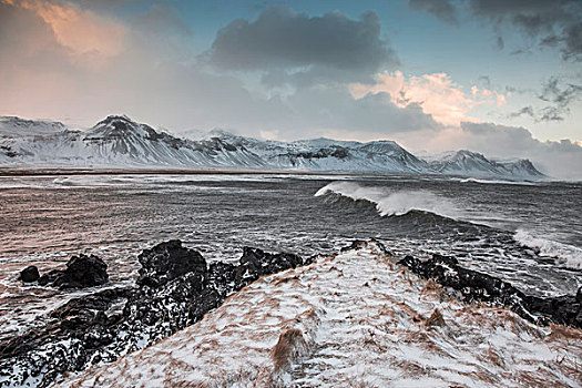 积雪,山脉,上方,寒冷,海洋,斯奈山半岛,冰岛