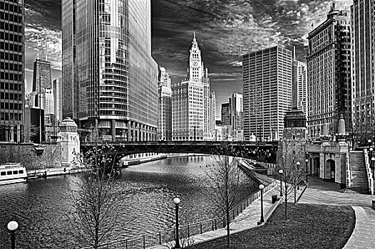 美国,伊利诺斯,芝加哥,道路,桥,上方,河,塔,约翰-汉考克大厦,背景