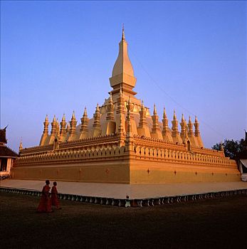 老挝,万象,和尚,走,过去,塔銮寺,庙宇,条纹状