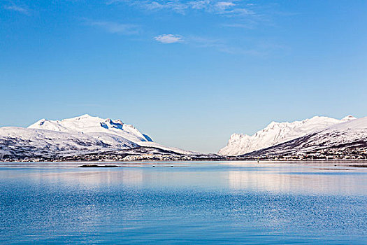 积雪,山,峡湾,纯,北极,冬季风景,挪威