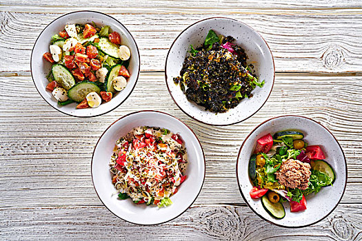 四个,沙拉,混合,碗,健康食物,白色背景,木桌