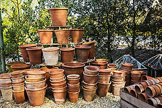 大,一堆,陶制器具,花园