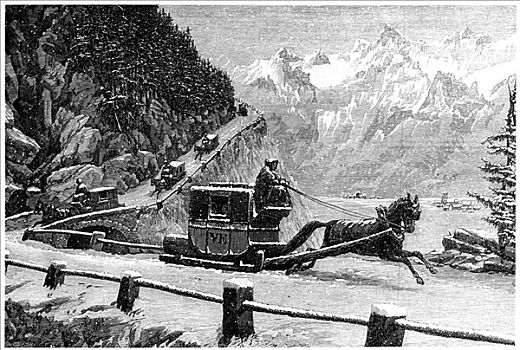 下降,冬天,马拉,雪橇,19世纪