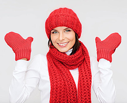 高兴,寒假,圣诞节,人,概念,微笑,少妇,红色,帽子,围巾,连指手套,上方,灰色背景