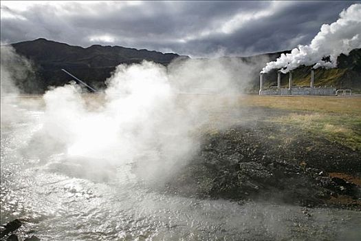 河流,热,水,飘动,正面,地热发电站,冰岛,欧洲