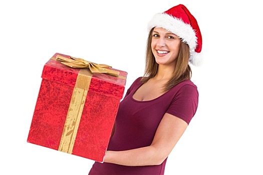 漂亮,女孩,圣诞帽,拿着,礼盒