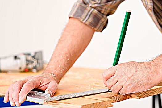 家庭装修,特写,测量,木,工作间