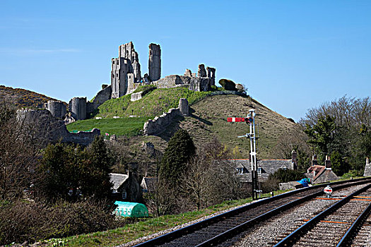 风景,城堡,火车站,多西特,英国