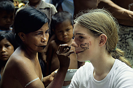 亚马逊河,印第安人,女孩,游客,脸,涂绘,传统,植物,染料