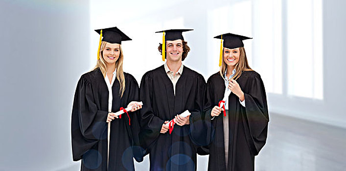 合成效果,图像,三个,学生,毕业,长袍,拿着,证书,现代,走廊
