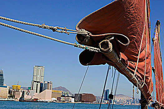 中国帆船,维多利亚港,九龙,西部,天际线,背景