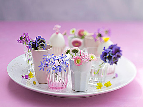 杯子,花,石制品,盘子,头状花序,清新,春花,小,玻璃花瓶,花瓶,瓷器,白色,不同,新鲜,色彩,现代,如春,复活节