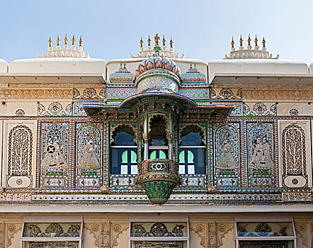 建筑细节,城市宫殿,宫殿,乌代浦尔,拉贾斯坦邦,印度
