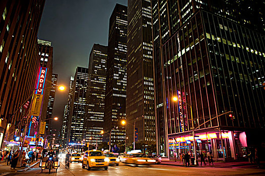 光亮,摩天大楼,交通,夜晚,第6大街,角,西部,市中心,曼哈顿,纽约,美国,北美