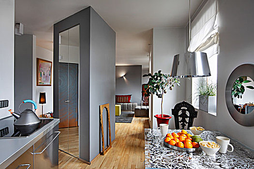 灰色,厨房操作台,不锈钢,餐桌,花饰,玻璃,上面,雕刻,柜橱,分隔,生活方式,区域,背景