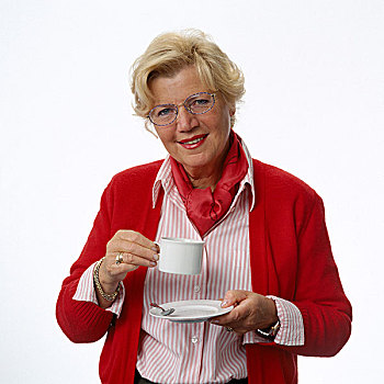成年,女人,红色,毛衣,拿着,一杯咖啡,白色背景