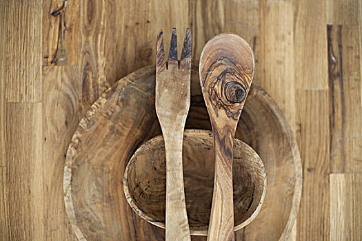 木桌子,上面,两个,小,碗,木质,沙拉盘,木质纹理