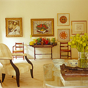 客厅,彩色,收集,绘画,镀金,画框,鲜明,慕拉诺,玻璃,边桌