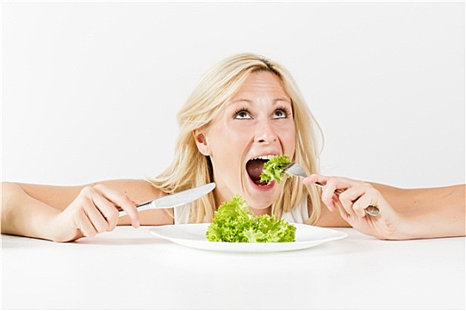 女人,吃,蔬菜沙拉