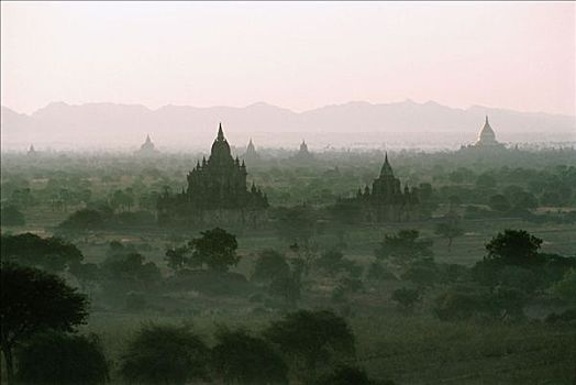 缅甸,蒲甘,庙宇,薄雾