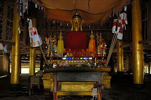 佛教,柱子,教堂高坛,树林,寺院,佛像,老,庙宇,省,老挝,东南亚