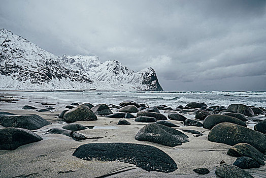 石头,雪,遥远,海滩,罗浮敦群岛,挪威