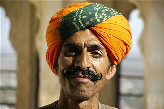 肖像,微笑,男人,胡须,橙色,缠头巾,拉贾斯坦邦,印度